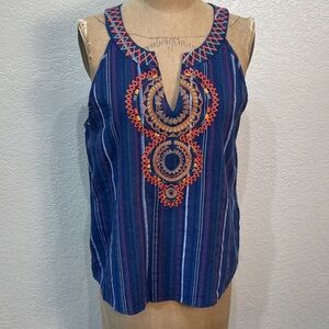 Striped Navy Blue Embroidered Sleeveless Camisole